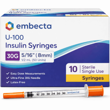 U-100 insulin syringes 30 gauge 8mm needle 10 pack sterile single-use