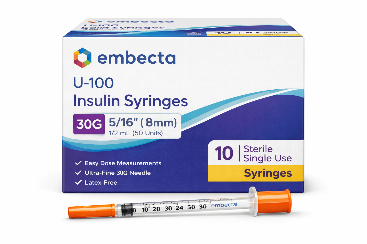 U-100 insulin syringes 30 gauge 8mm needle 10 pack sterile single-use